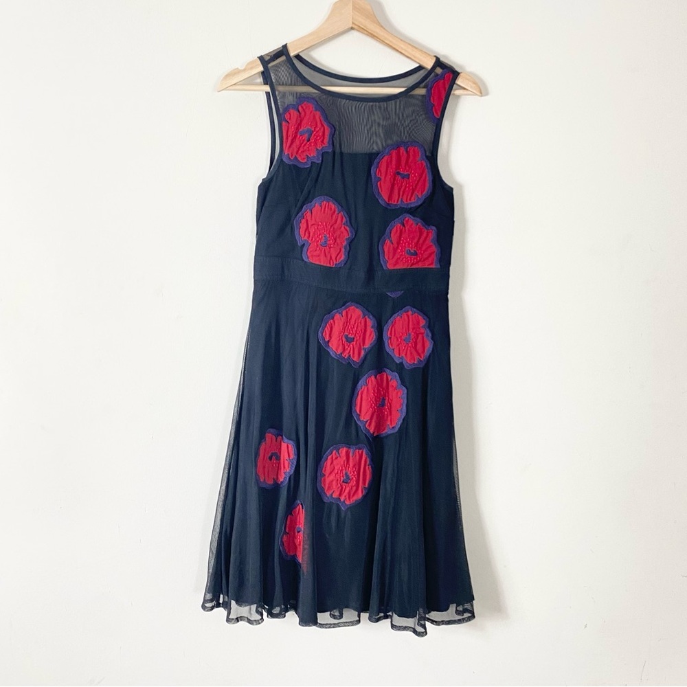 ESHAKTI Black Sleeveless A-Line Midi Dress Red and Purple Floral Embroidery - S